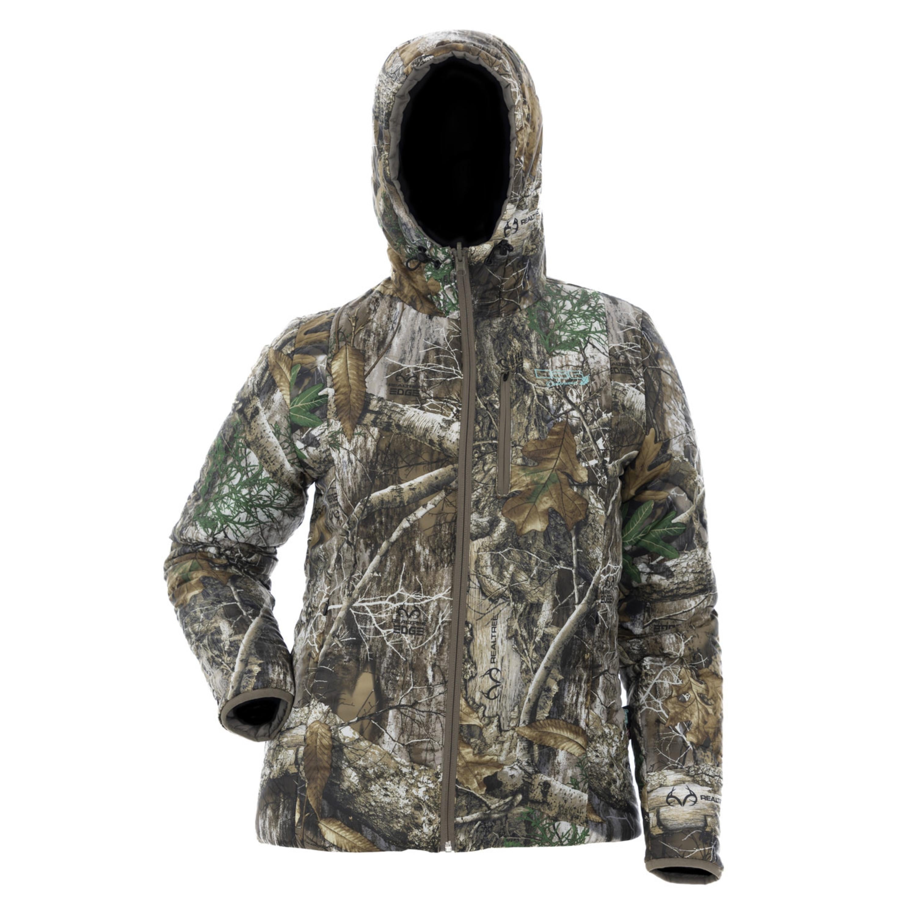 Reversible puffer jacket by DSG OUTERWEAR showing both solid and patterned sides, with a high collar and quilted design.