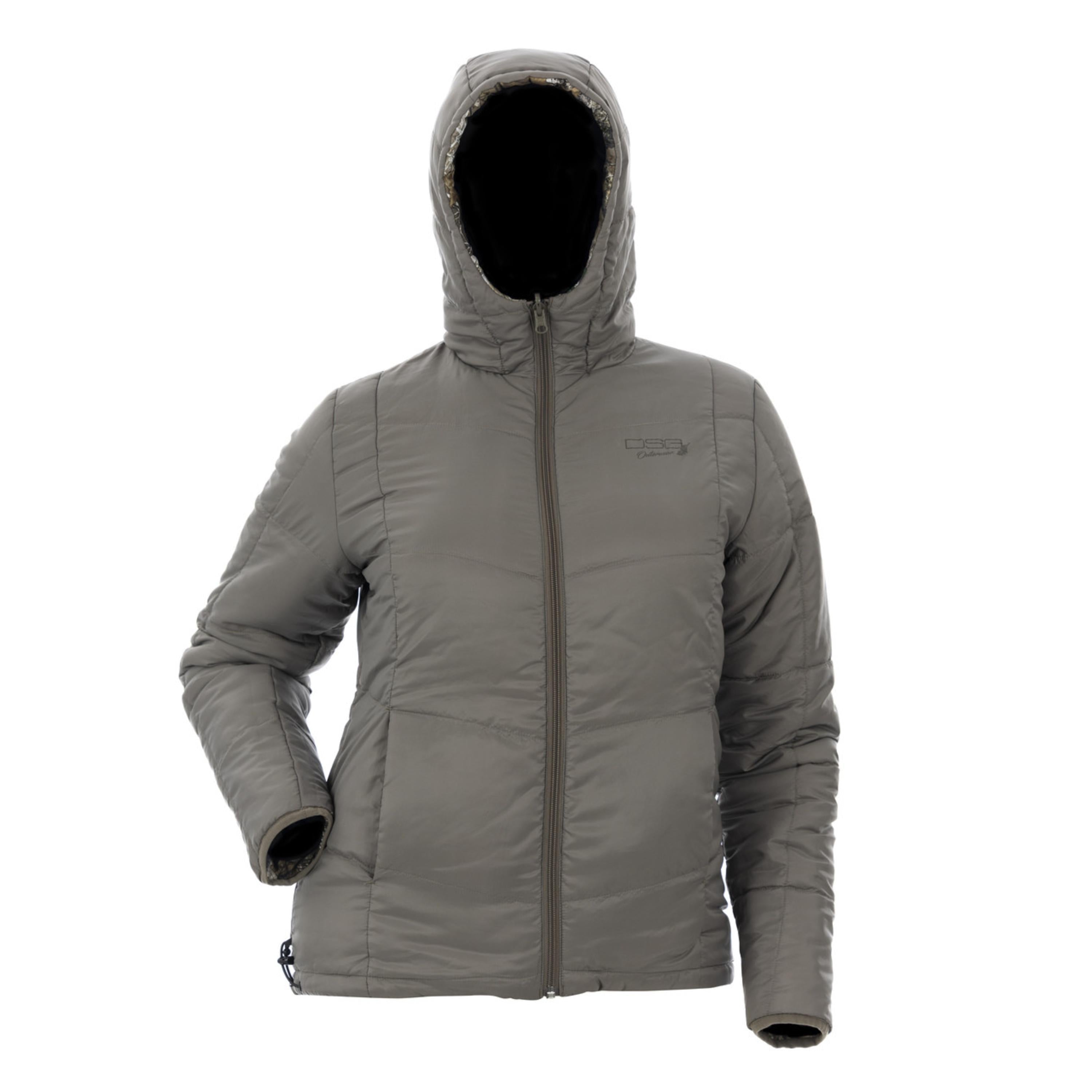 Reversible puffer jacket by DSG Outerwear featuring quilted design and color options, displayed on a hanger.