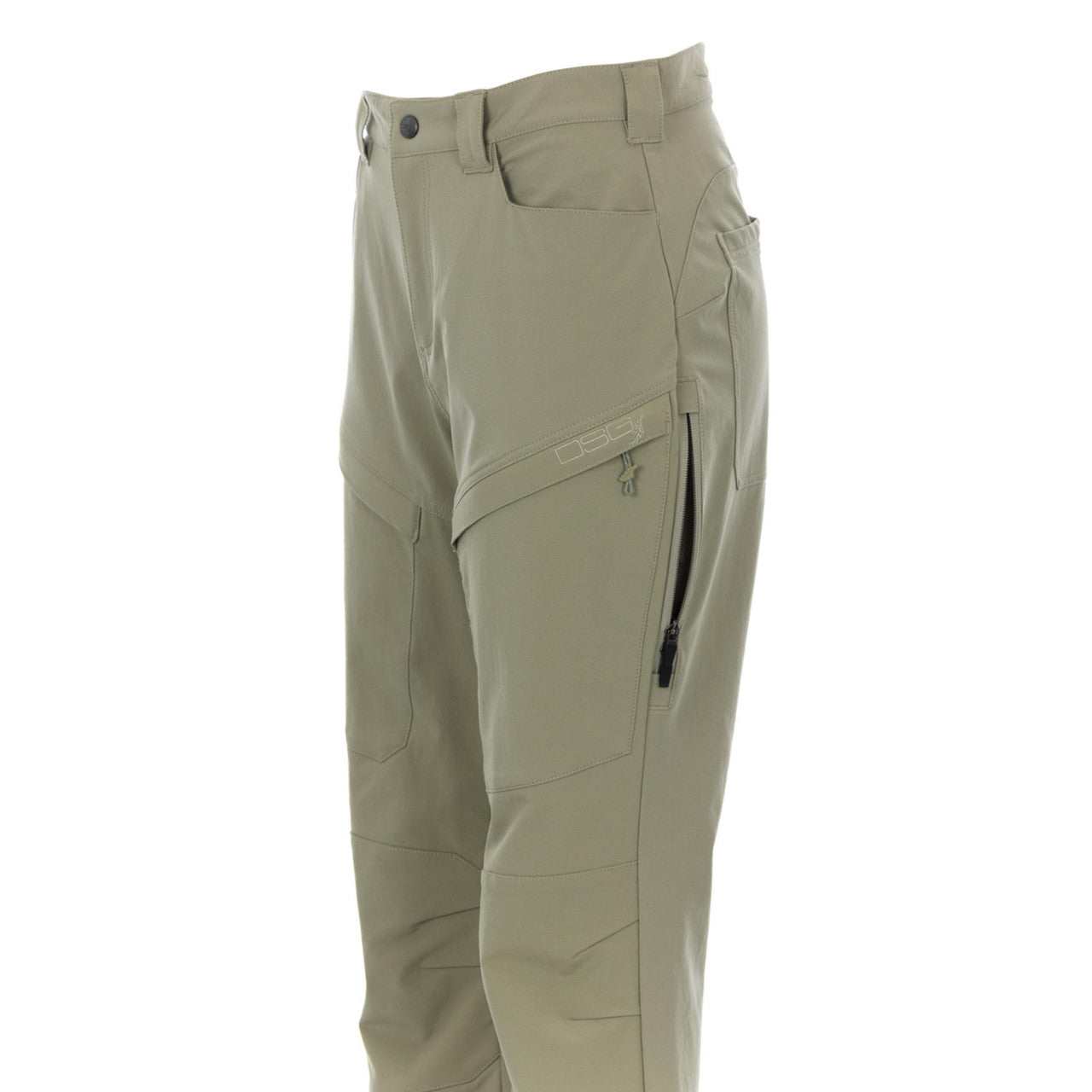 Kortni Upland Pant by DSG Outwear, tan cargo-style pants with multiple pockets and relaxed fit, displayed on a model.