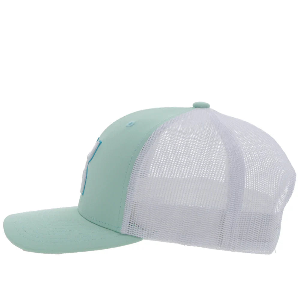 HOOey Sterling trucker cap in mint and white with mesh back, adjustable snap closure, and curved brim, men's headwear.