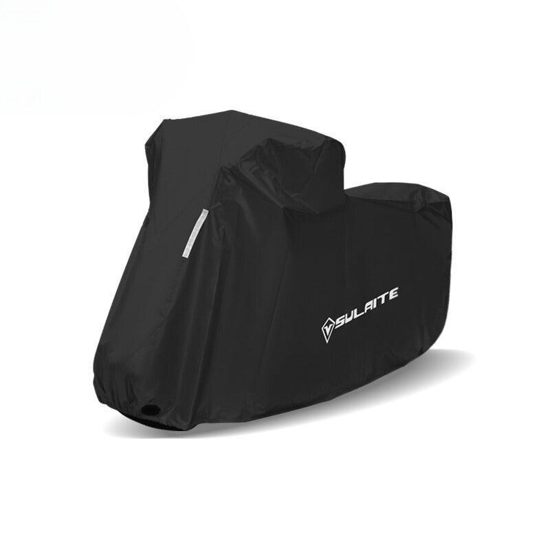 Bean's Moto Booth SULAITE™ Oxford fabric waterproof motorcycle cover with reflective strips, designed to protect motorcycles from weather.