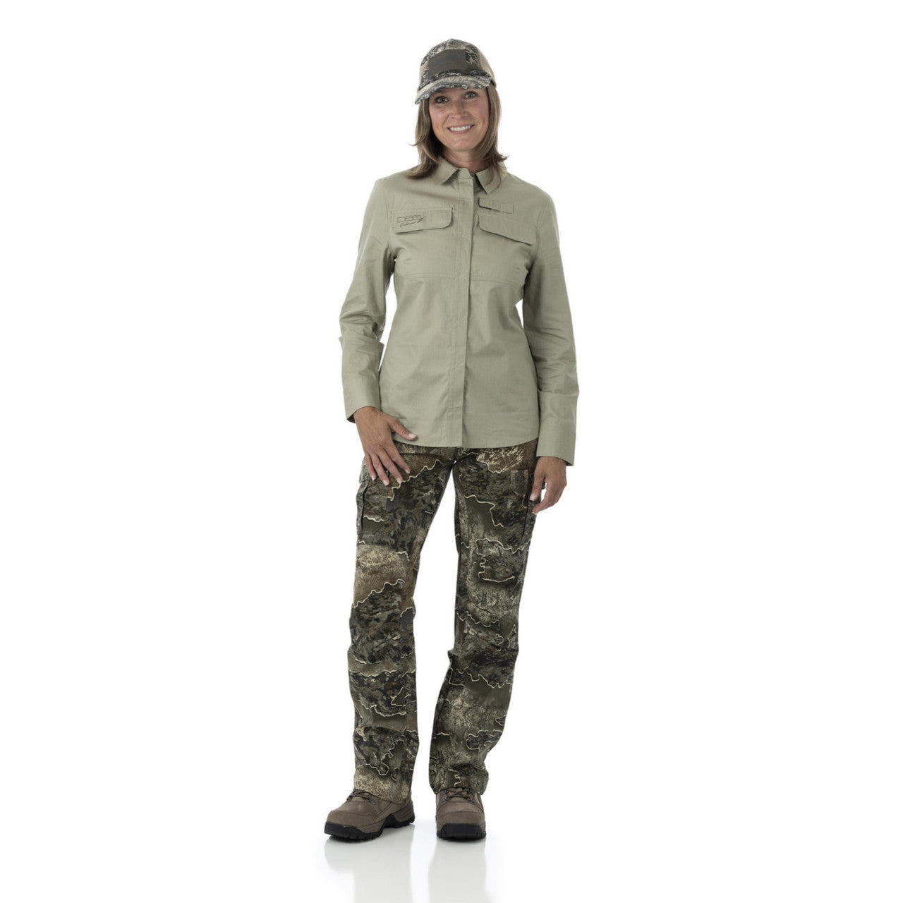 Camouflage field pant from DSG Outerwear showing khaki and green camouflage fabric with multiple pockets and reinforced knees.