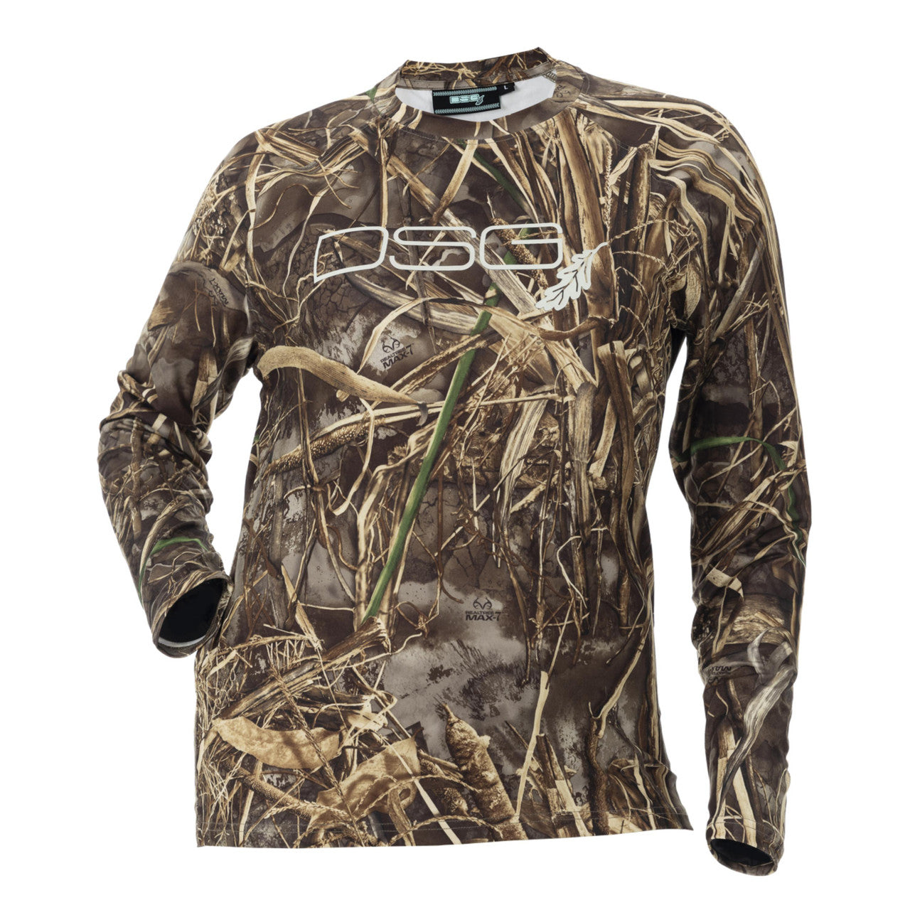 Long sleeve camo shirt by DSG Outerwear with UPF 50+ sun protection, featuring a green camouflage pattern and comfortable fit.