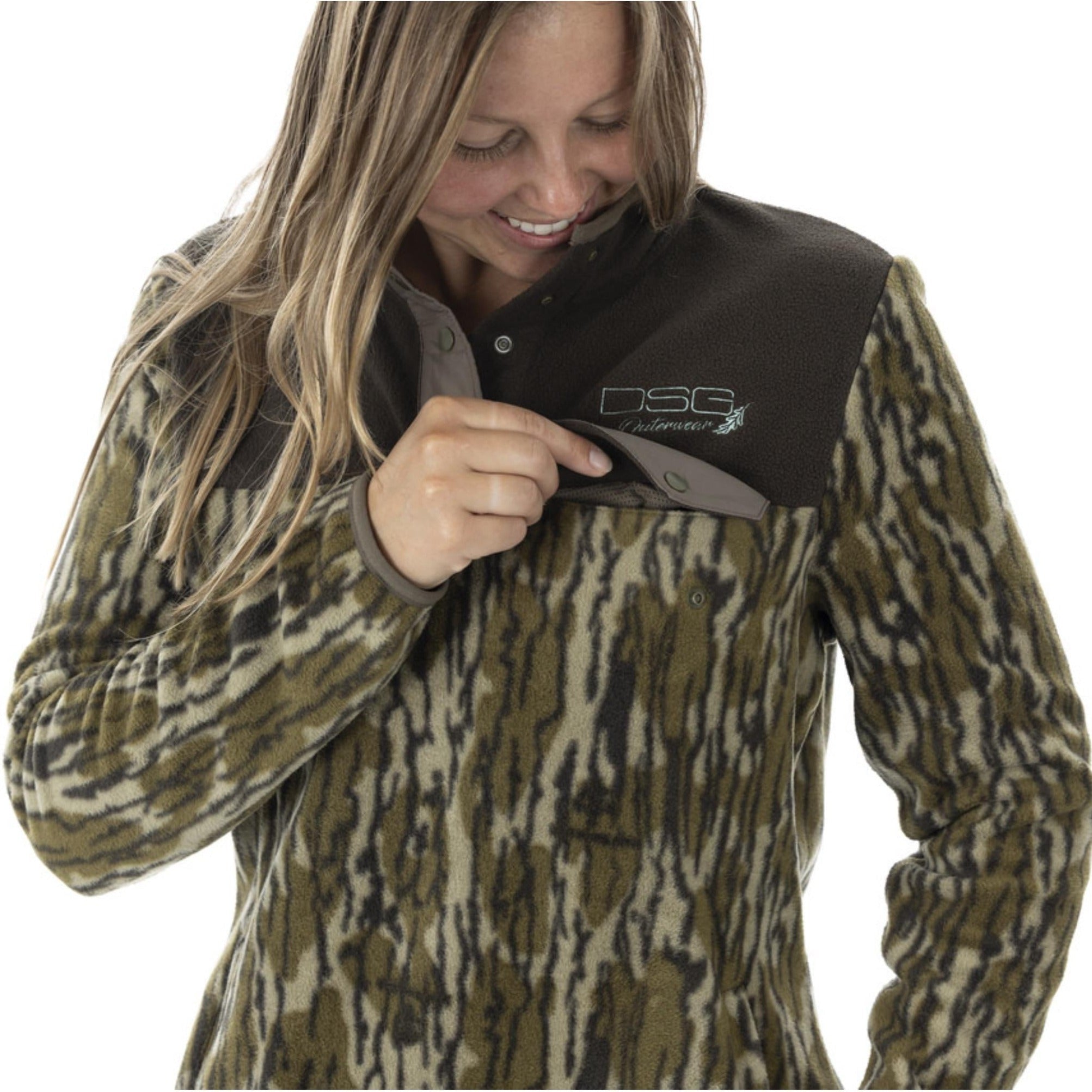 Gianna 2.0 Pullover in Mossy Oak Bottomland camouflage by DSG OUTERWEAR, showing front view with hoodie and camouflage pattern.