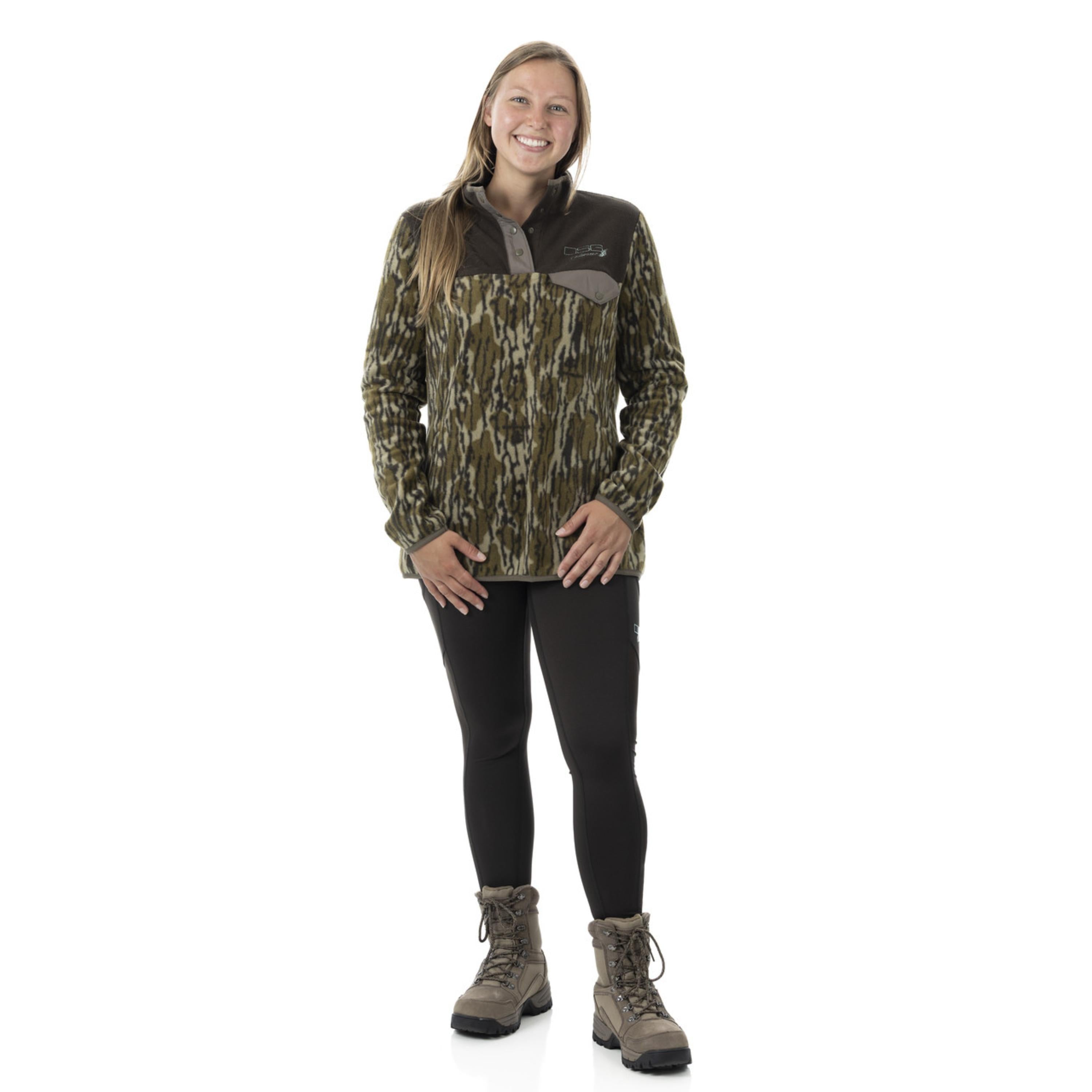 Gianna 2.0 Pullover in Mossy Oak Bottomland camo by DSG Outerwear, showcasing the outdoor camouflage pattern and comfortable fit.