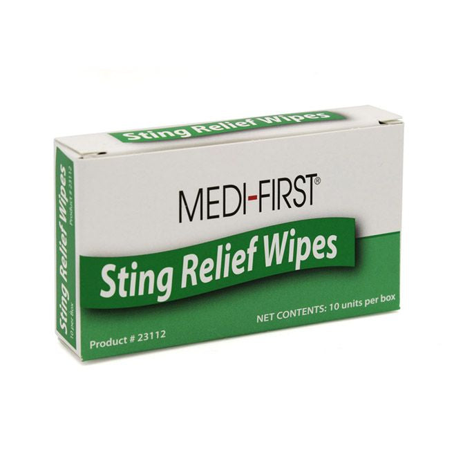 Insect sting relief pads by Medique, packaged in a first aid supply box, showcasing their soothing gel and easy application.