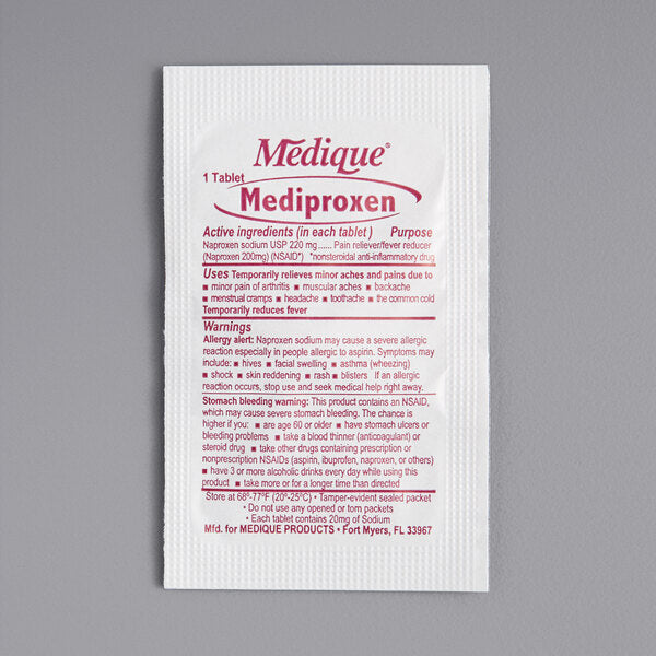 Box of Mediproxen medicine with 100 tablets, shown in the image, a topical treatment from Quakekits.com for infection relief.