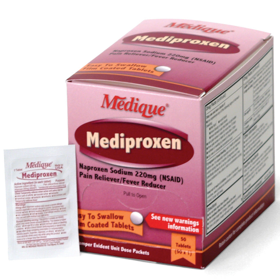 Mediproxen medicine in a box, 50 units, from QuakeKits, shown as packaging with blister packs and medical labeling.