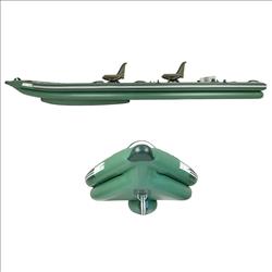 Backcountry Sportsman FishSkiff™ inflatable fishing boat with two-person swivel seat and canopy, shown on water.