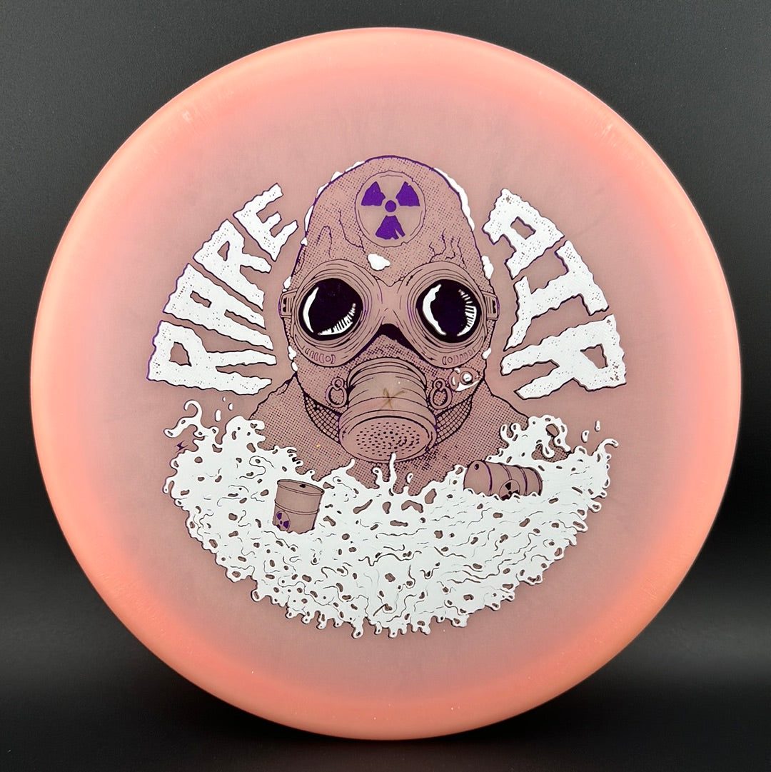 Rare Air Discs Lunar Recon Mortar F2 disc golf disc with Radioactive Man stamp, vibrant colorful design on a durable plastic surface.