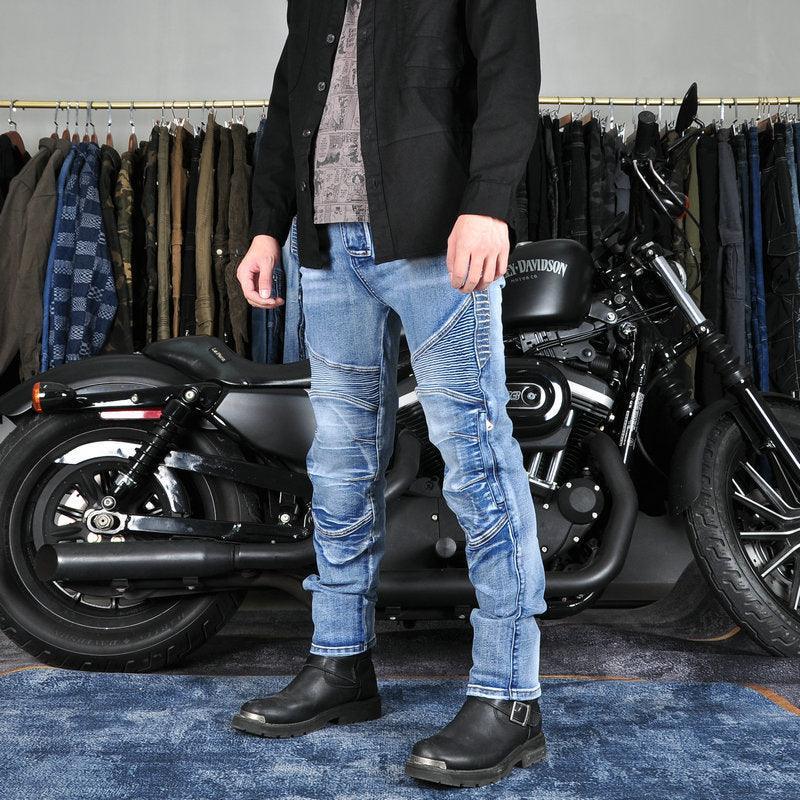 Men's VOLERO™ Wave Guard Kevlar motorcycle jeans by Bean's Moto Booth, featuring durable fabric and protective knee pads.