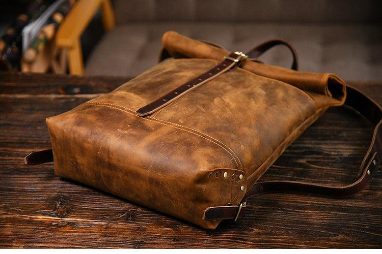 Vintage Filed Leather™ Crazy Horse cowhide leather backpack with roll-top design, ideal for motorcycle bags by Bean's Moto Booth.