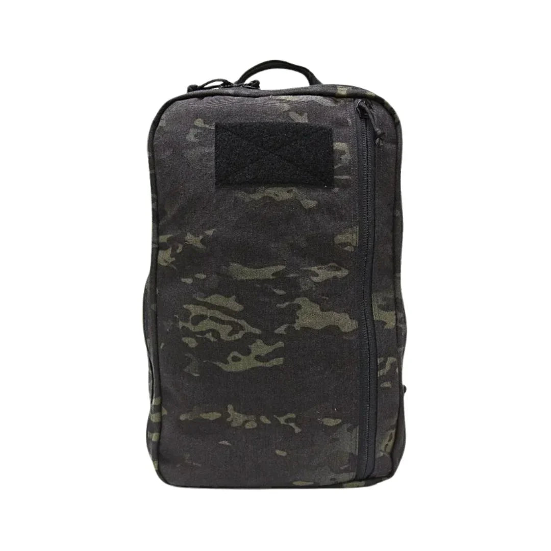 Recycled Firefighter 24 Hour Backpack in black with 500D durable fabric, featuring multiple compartments and padded shoulder straps.