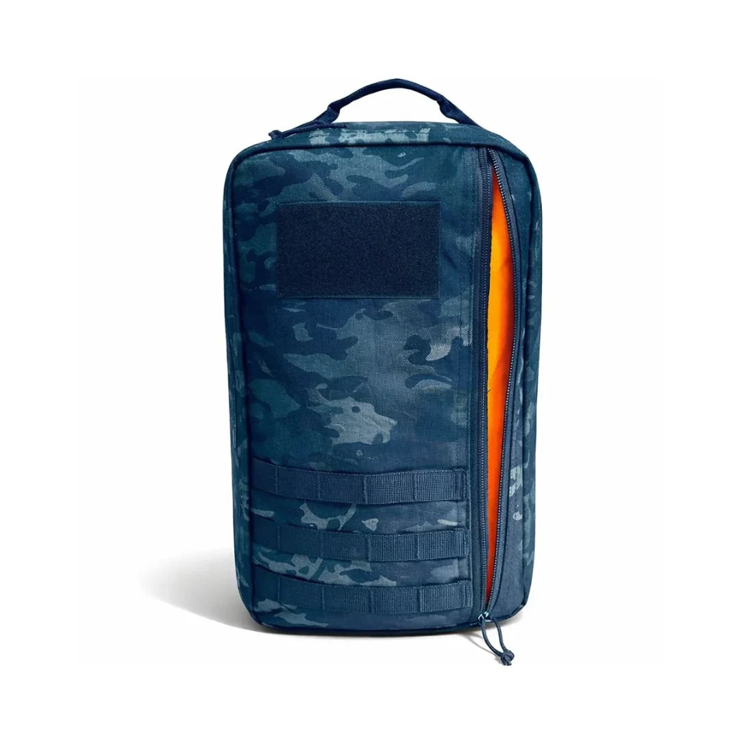 Black 24-hour backpack by Recycled Firefighter featuring MOLLE webbing and durable material for outdoor and tactical use.