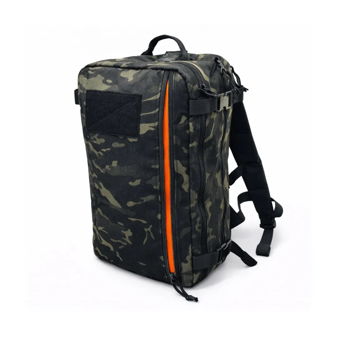 Recycled Firefighter 24 Hour PLUS Backpack in durable 500D material, showing multiple compartments and padded shoulder straps.