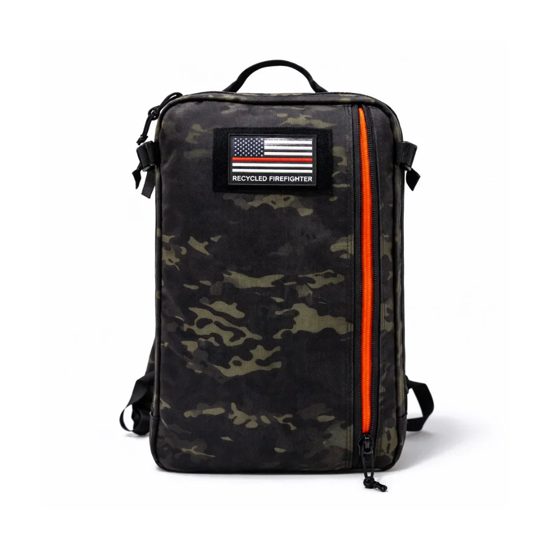 Recycled Firefighter 24 Hour PLUS backpack in durable 500D fabric with multiple compartments and adjustable straps.