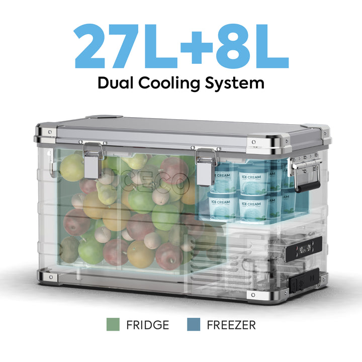 Inca Overland Outfitters APL35 Dual Zone Aluminum Fridge from ICECO with 35L capacity, featuring a sleek aluminum exterior and dual zones.
