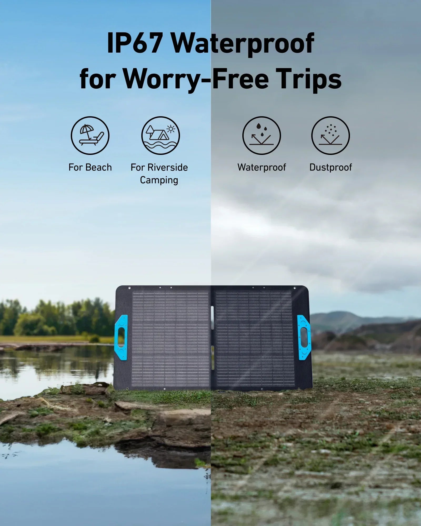 Green Vista Living Anker SOLIX PS100 100W portable solar panel in black with multiple folding sections and adjustable stand.