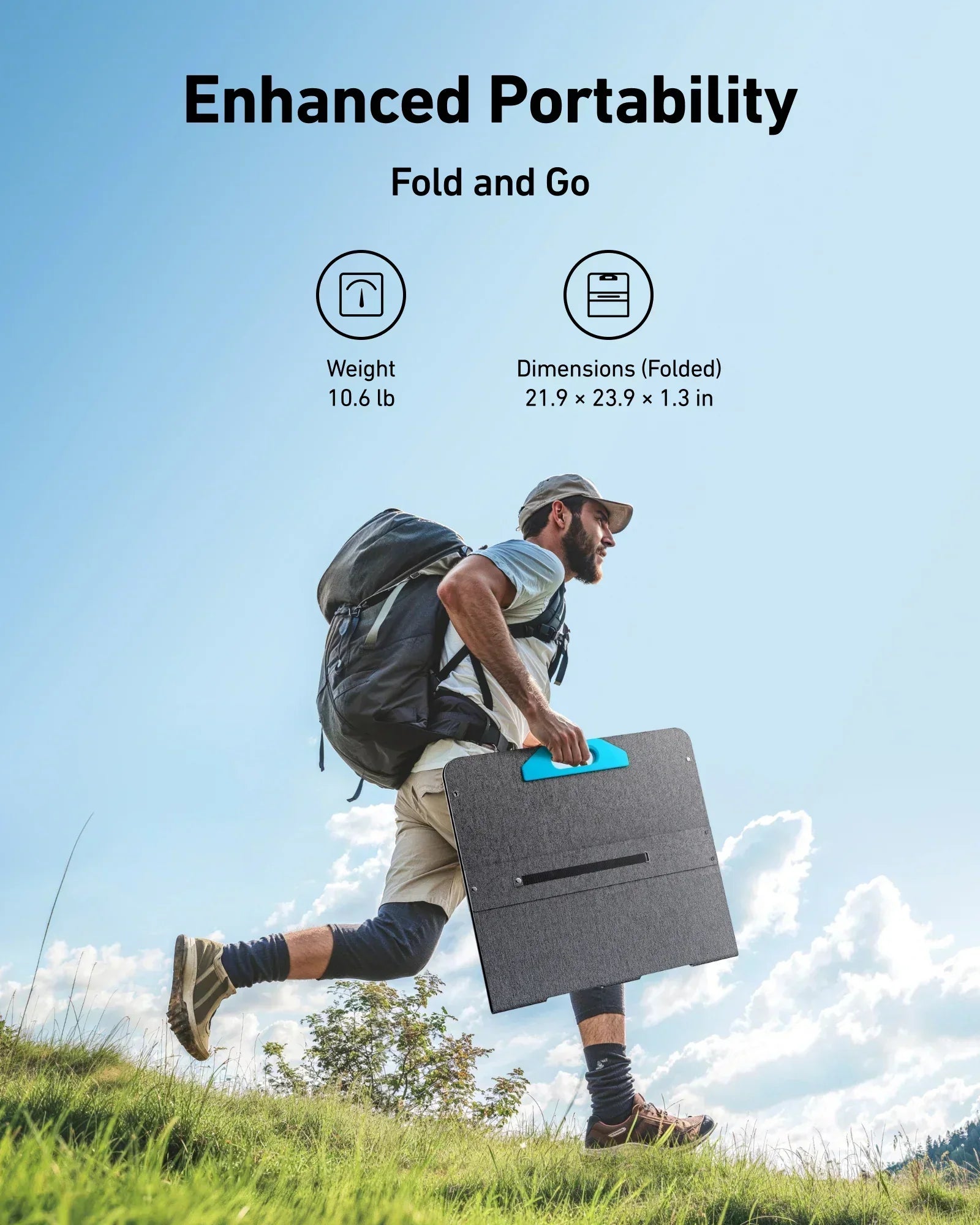 Green Vista Living Anker SOLIX PS100 100W portable solar panel outdoors, folded for travel and energy generation in sunlight.
