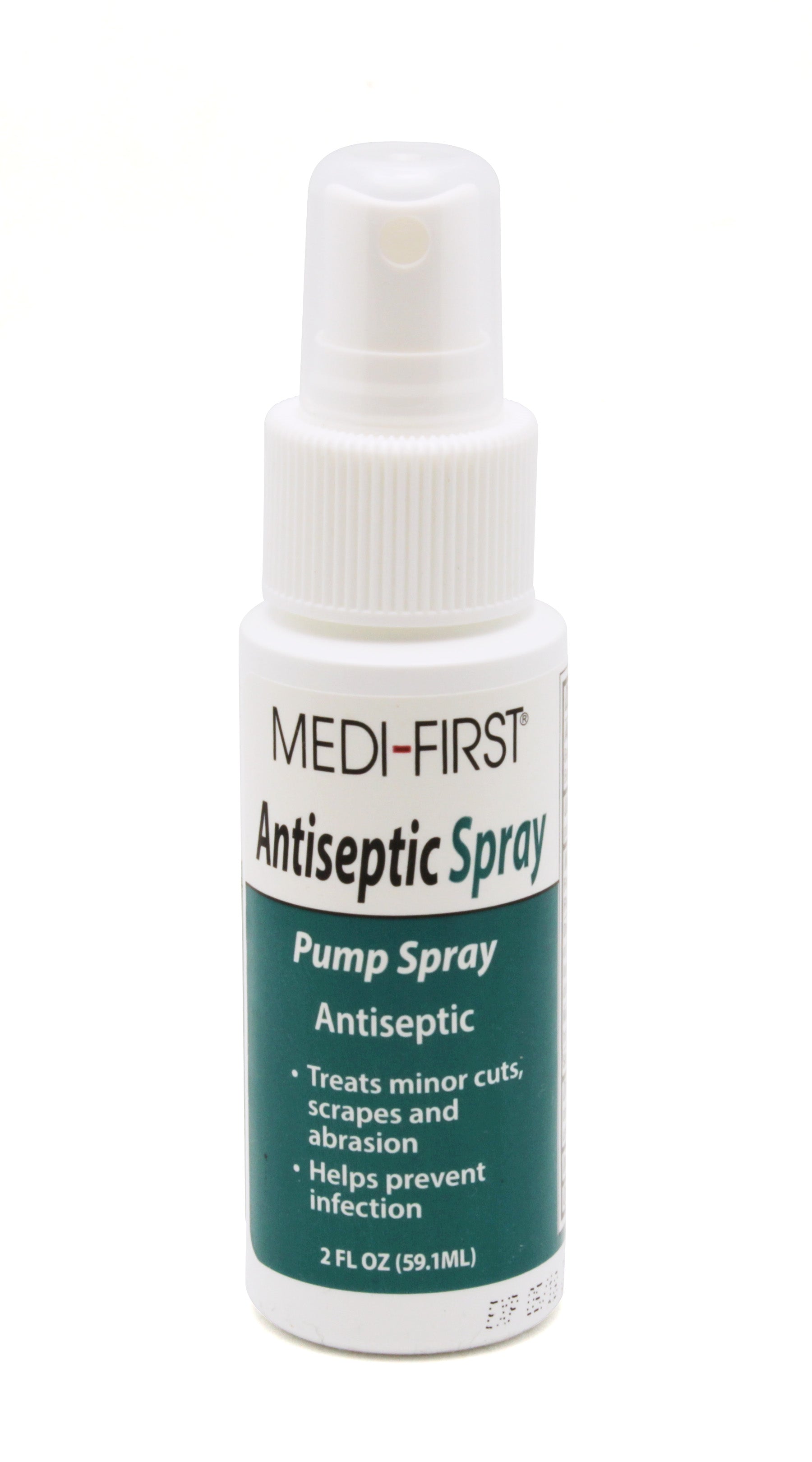 Medique antiseptic spray pump bottle for first aid supplies, featuring a clear label and easy-to-use nozzle.