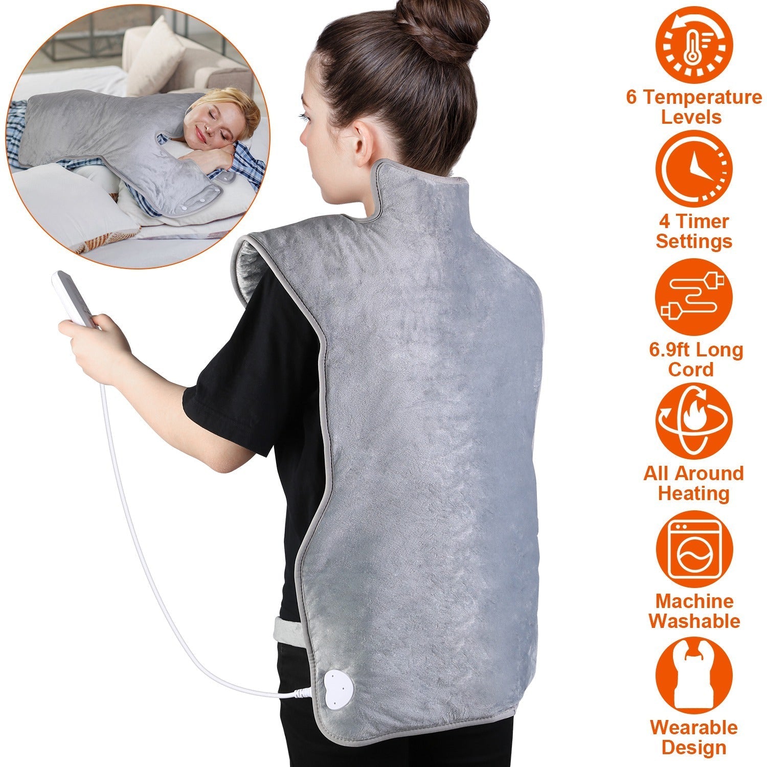 36.6x22in Electric Heating Wrap for Neck Shoulder Fast Heating Pad Mat Heated Neck Wrap for Back Pain Relief with 6 Temperature Settings 4 Timer Modes - OVERLANDERS Outfitter