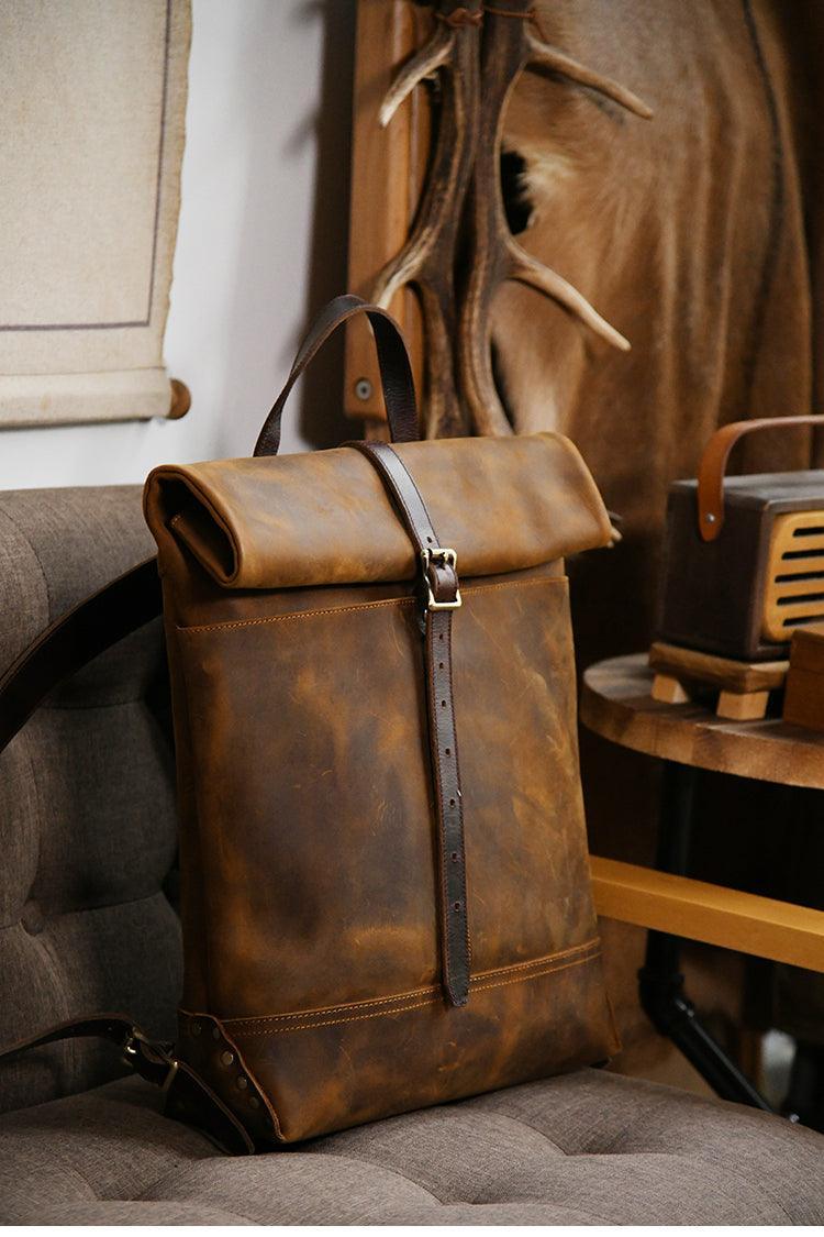 Filed Leather™ Vintage Roll-Top Crazy Horse Cowhide Leather Backpack for motorcycle riding, featuring rugged leather and classic design.