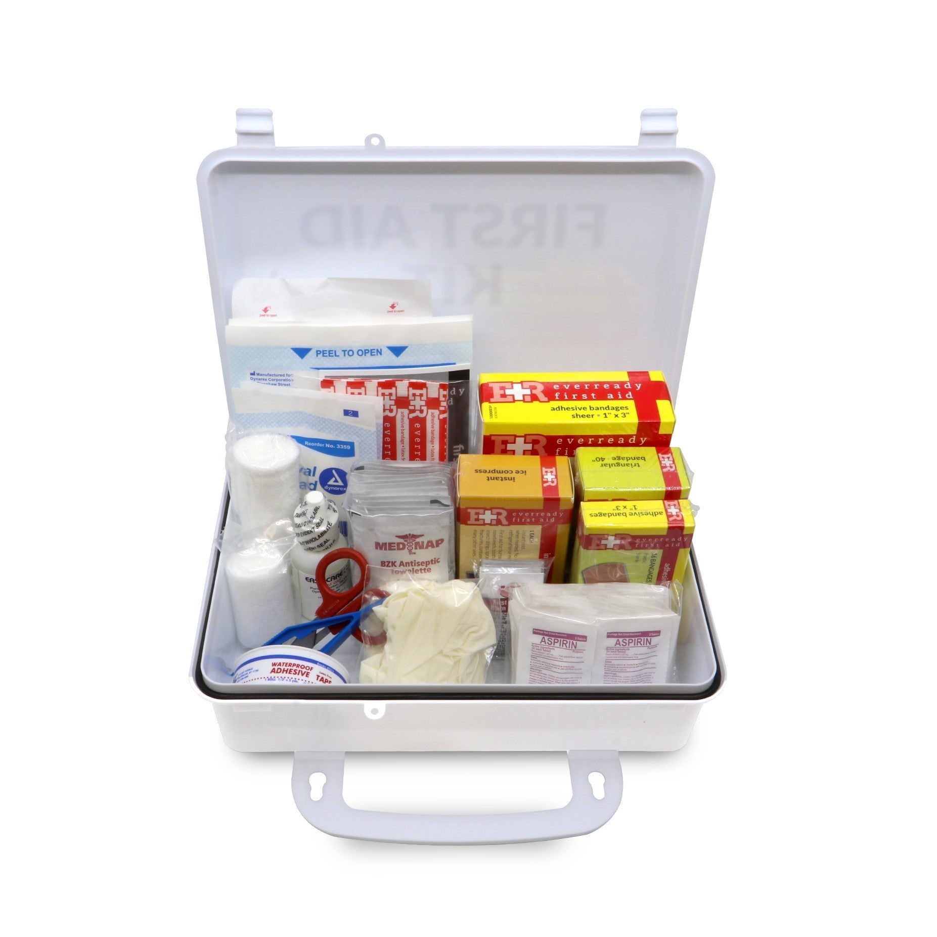 Marine rescue first aid kit for 25 people by MediTac Kits in a waterproof case, includes medical supplies for emergency situations.