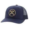 HOOey "O Classic" navy and mustard trucker cap with mesh back and adjustable snap closure, stylish headwear for casual wear.
