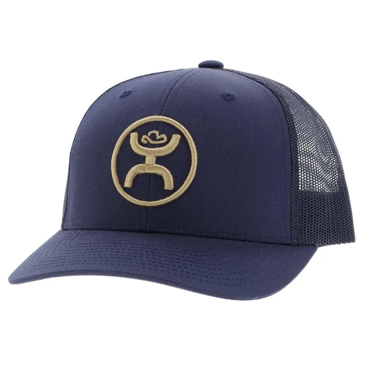 HOOey "O Classic" navy and mustard trucker cap with mesh back and adjustable snap closure, stylish headwear for casual wear.