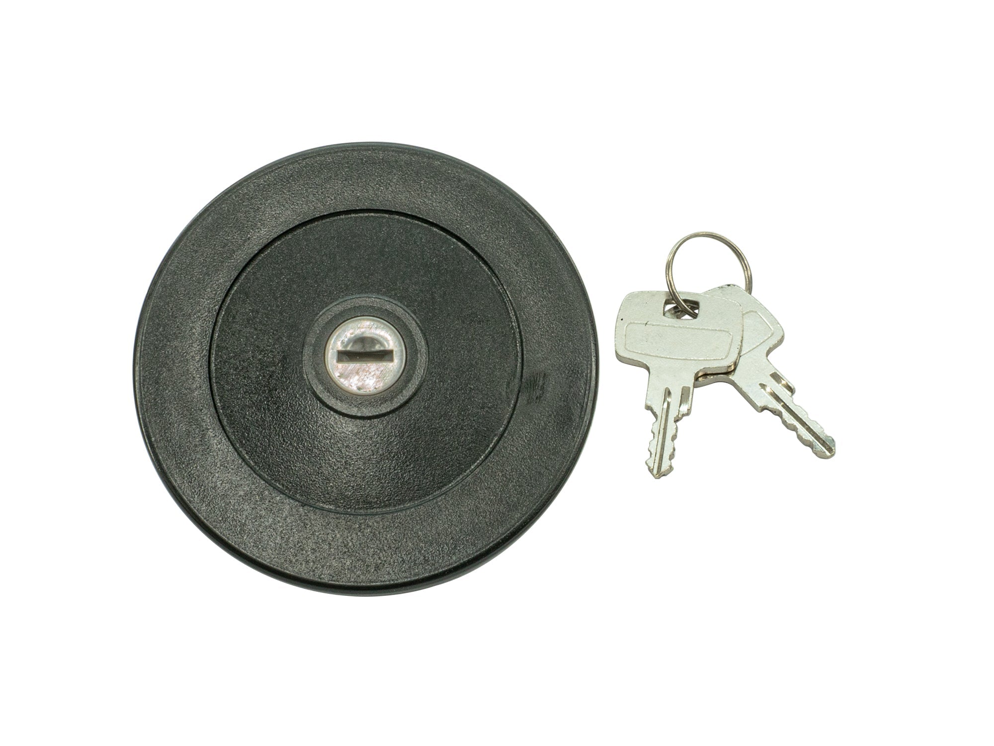 Locking gas cap for Vanagon 2WD by GoWesty, shown in black with keyhole and secure locking mechanism.