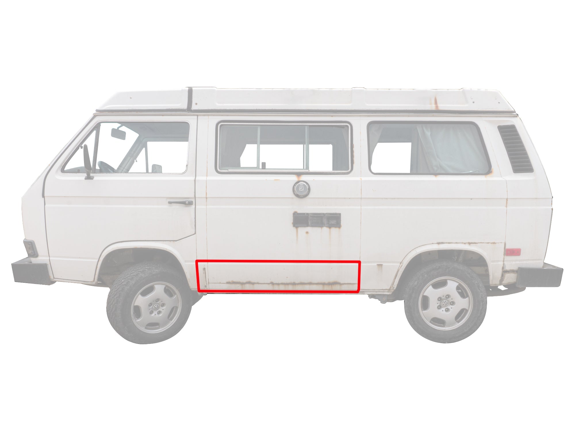 GoWesty left side short body panel for Vanagon, showing a close-up of the black painted exterior with mounting details.