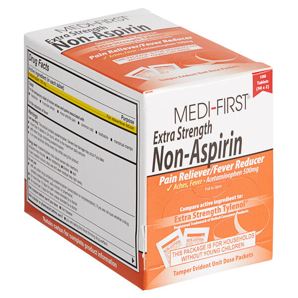 Box of 100 extra-strength non-aspirin medicine tablets from QuakeKits, suitable for pain relief and general health use.
