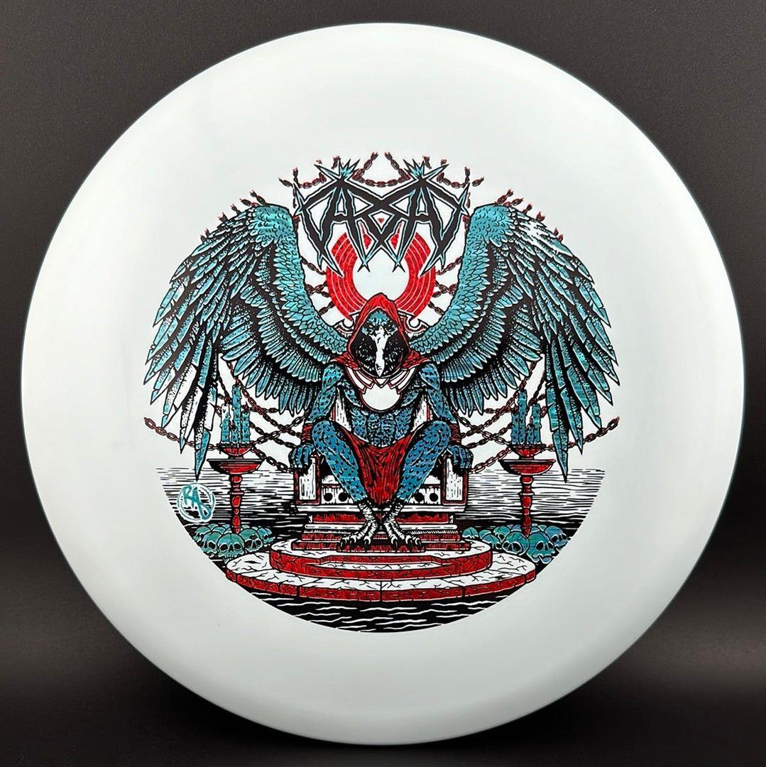 ESP Glo Buzzz disc golf disc by Rare Air Discs featuring Karudi the Overseer design from Cult of RAD, glowing in vibrant colors.