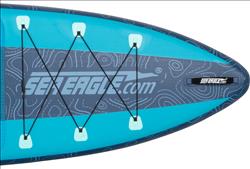 Backcountry Sportsman LB11 inflatable paddleboard with electric pump, ready for water adventure on a sunny day