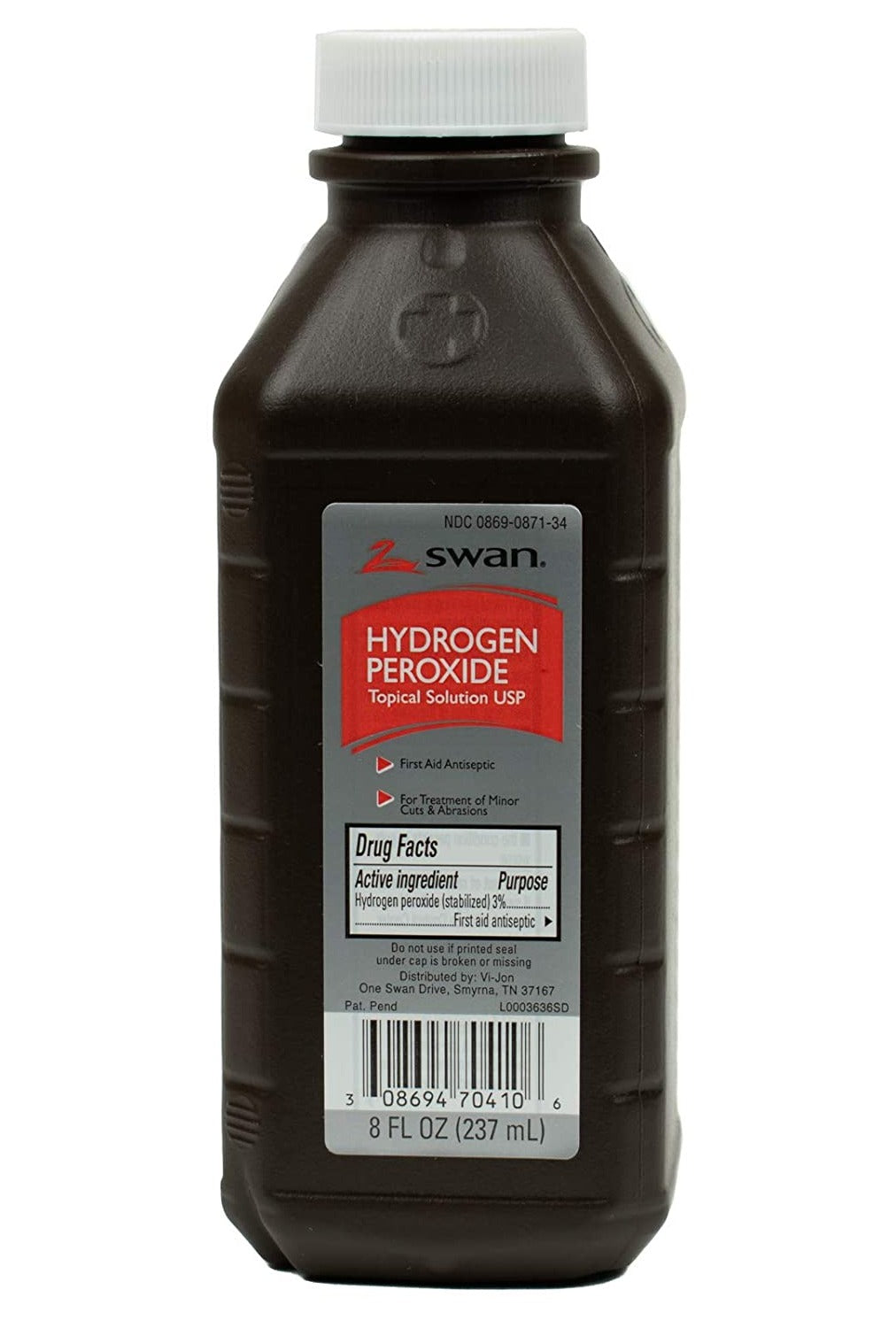 8 oz. bottle of Quakekits 3% hydrogen peroxide, a medicine and topical solution, shown in a clear plastic bottle with white cap.