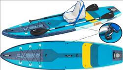 Backcountry Sportsman LB11 inflatable paddleboard with electric pump and accessories, ready for water adventure.