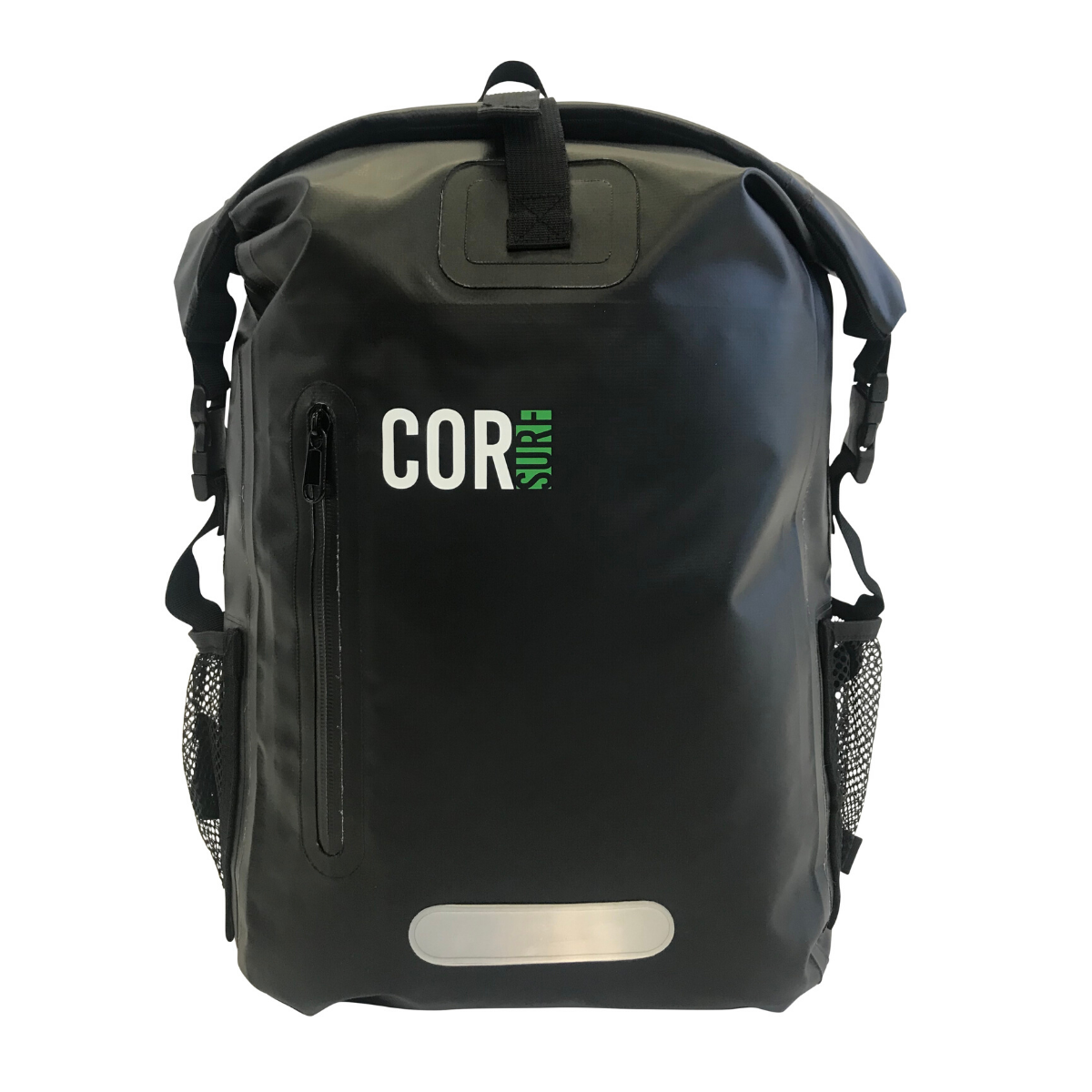 Black 25L waterproof dry backpack by COR Surf, durable outdoor backpack with secure roll-top closure and adjustable straps.