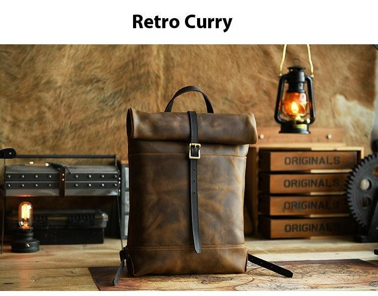Vintage Filed Leather™ Roll-Top Crazy Horse Cowhide Leather Backpack from Bean's Moto Booth, featuring rugged motorcycle bag design.