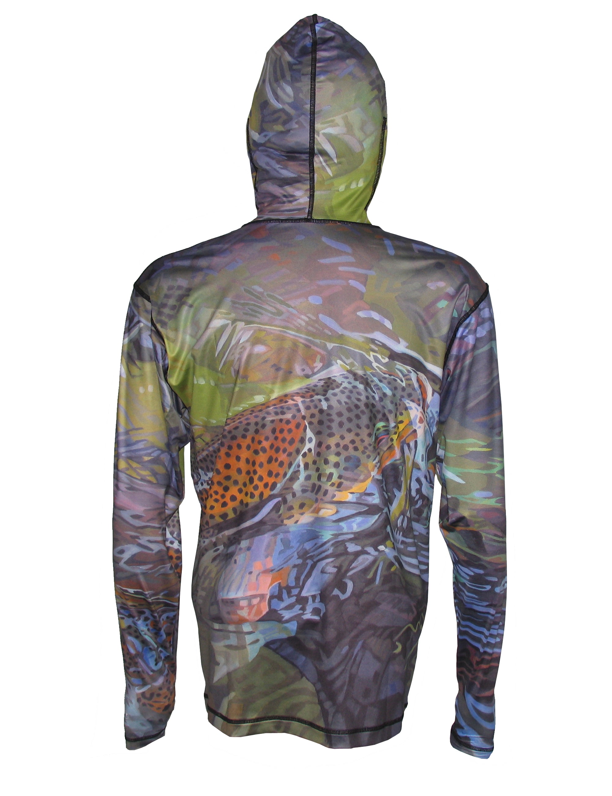 Back view of a Green and Brown Graphic Sunpro Hoodie by Cognito Brands, Inc. featuring fishing-themed designs.