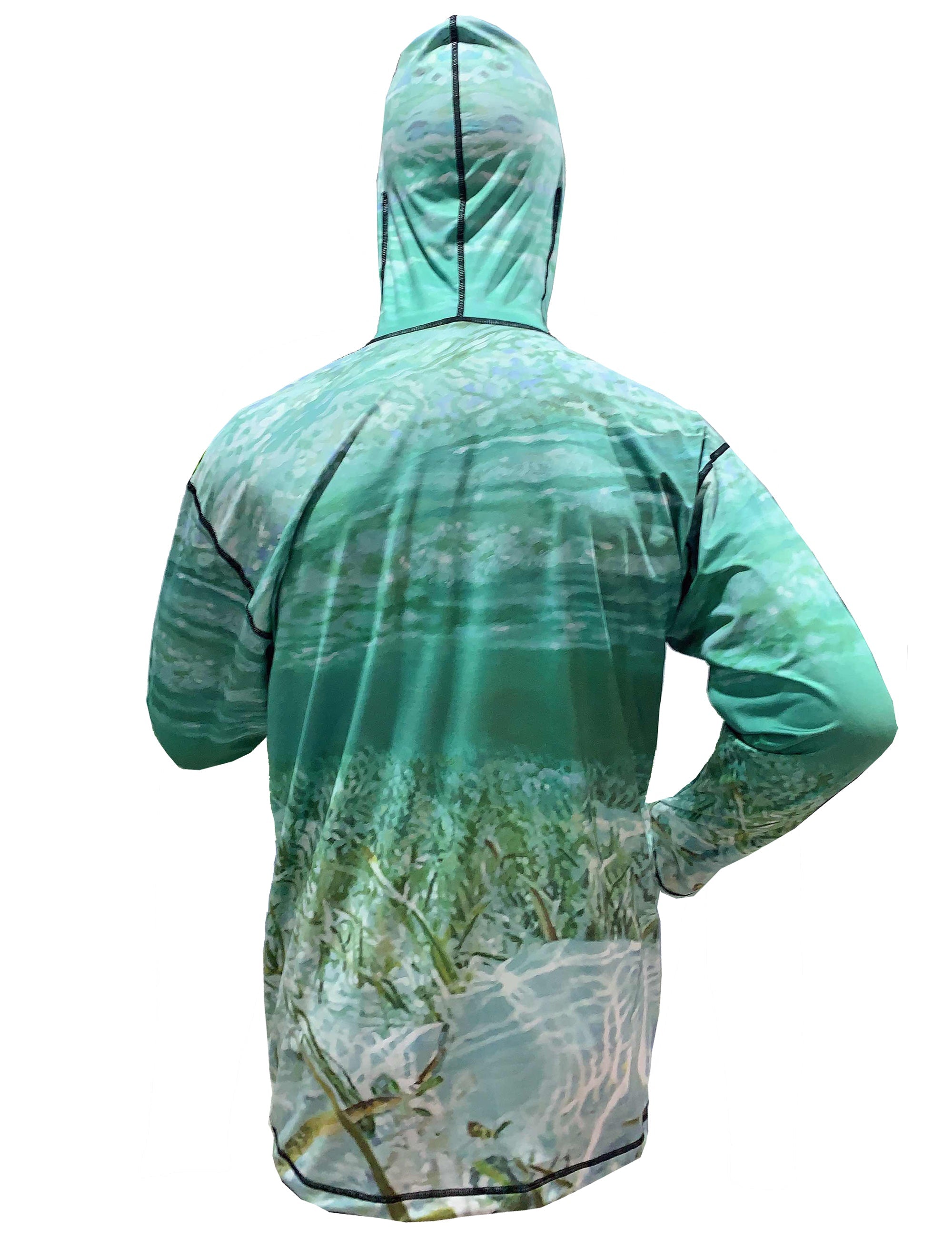 Back view of Cognito Brands' Permit Graphic Sunpro Hoodie with fishing permit design on a black hoodie.