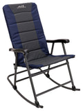 Backcountry Sportsman navy and charcoal rocking chair, a comfortable camping accessory with sturdy frame and cushioned seat.
