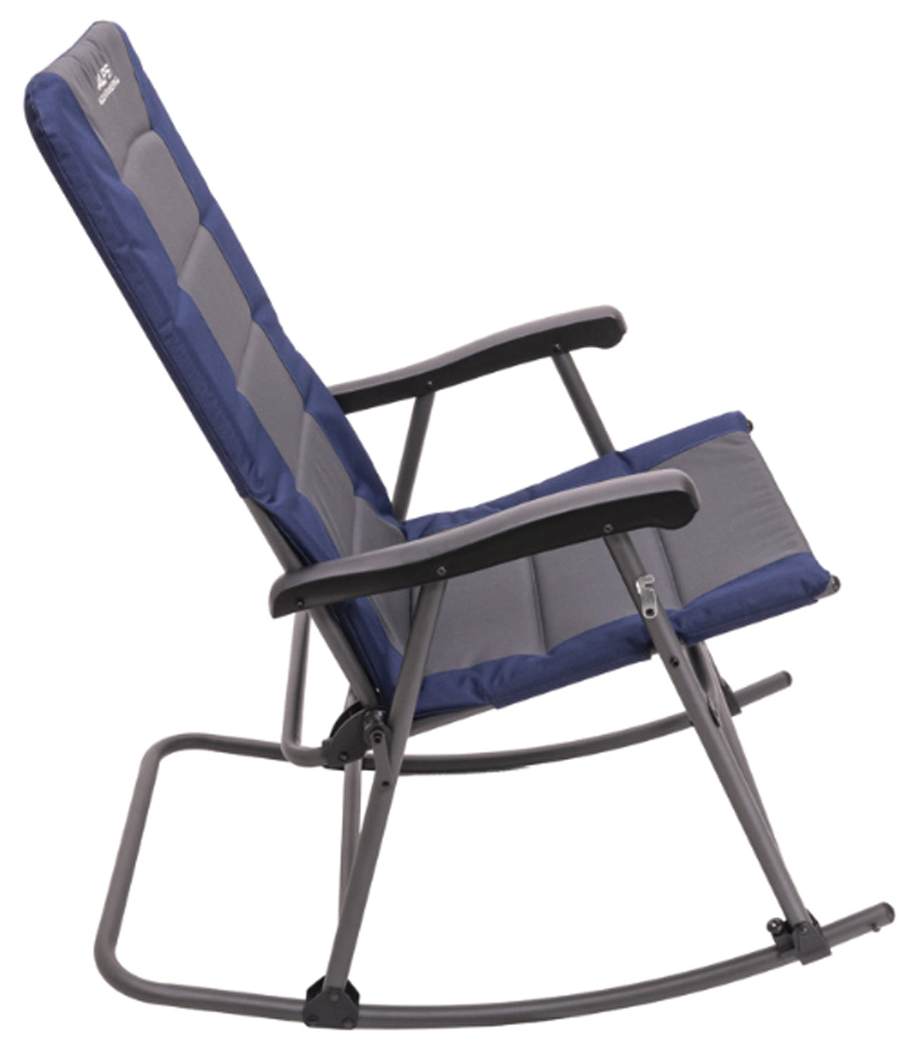 Backcountry Sportsman navy and charcoal rocking chair for camping, featuring sturdy frame and comfortable seat for outdoor relaxation.