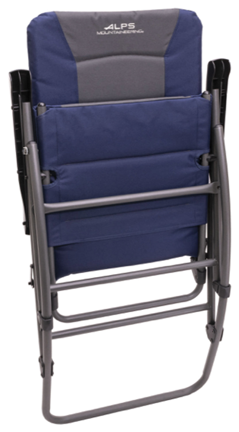 Backcountry Sportsman navy and charcoal camping rocking chair with sturdy frame and comfortable fabric seat.