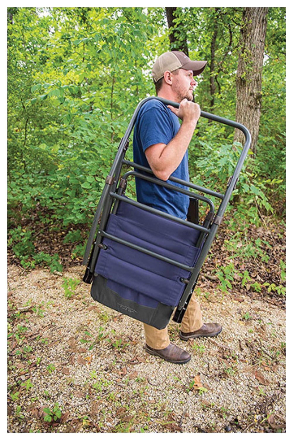 Backcountry Sportsman navy and charcoal rocking chair designed for camping, featuring a sturdy frame and comfortable seat.