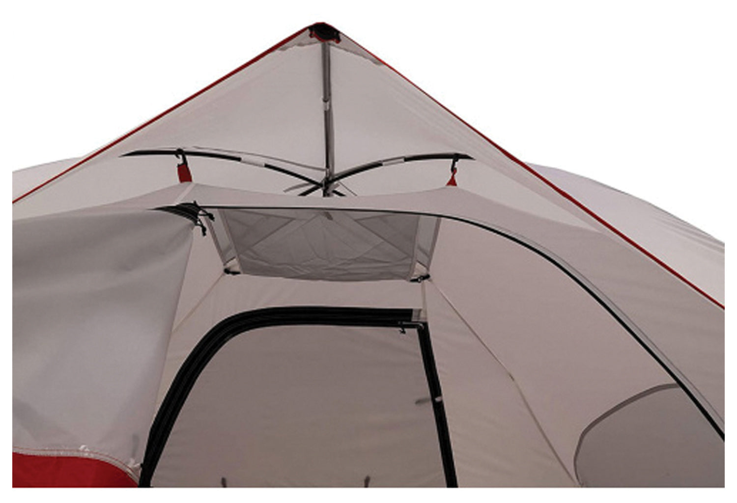 Backcountry Sportsman Alps Mountaineering Meramac 4-person outfitter tent set up outdoors with rainfly and mesh windows.