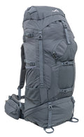 Backcountry Sportsman Caldera 75 gray backpack with multiple compartments and padded shoulder straps, designed for outdoor adventures.