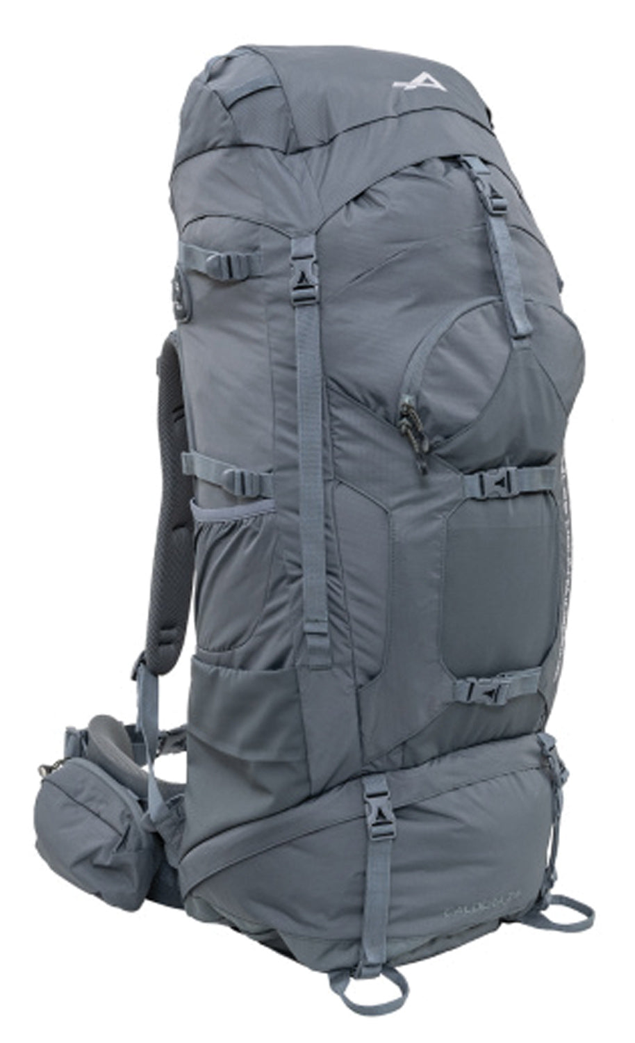 Backcountry Sportsman Caldera 75 gray backpack with multiple compartments and padded shoulder straps, designed for outdoor adventures.