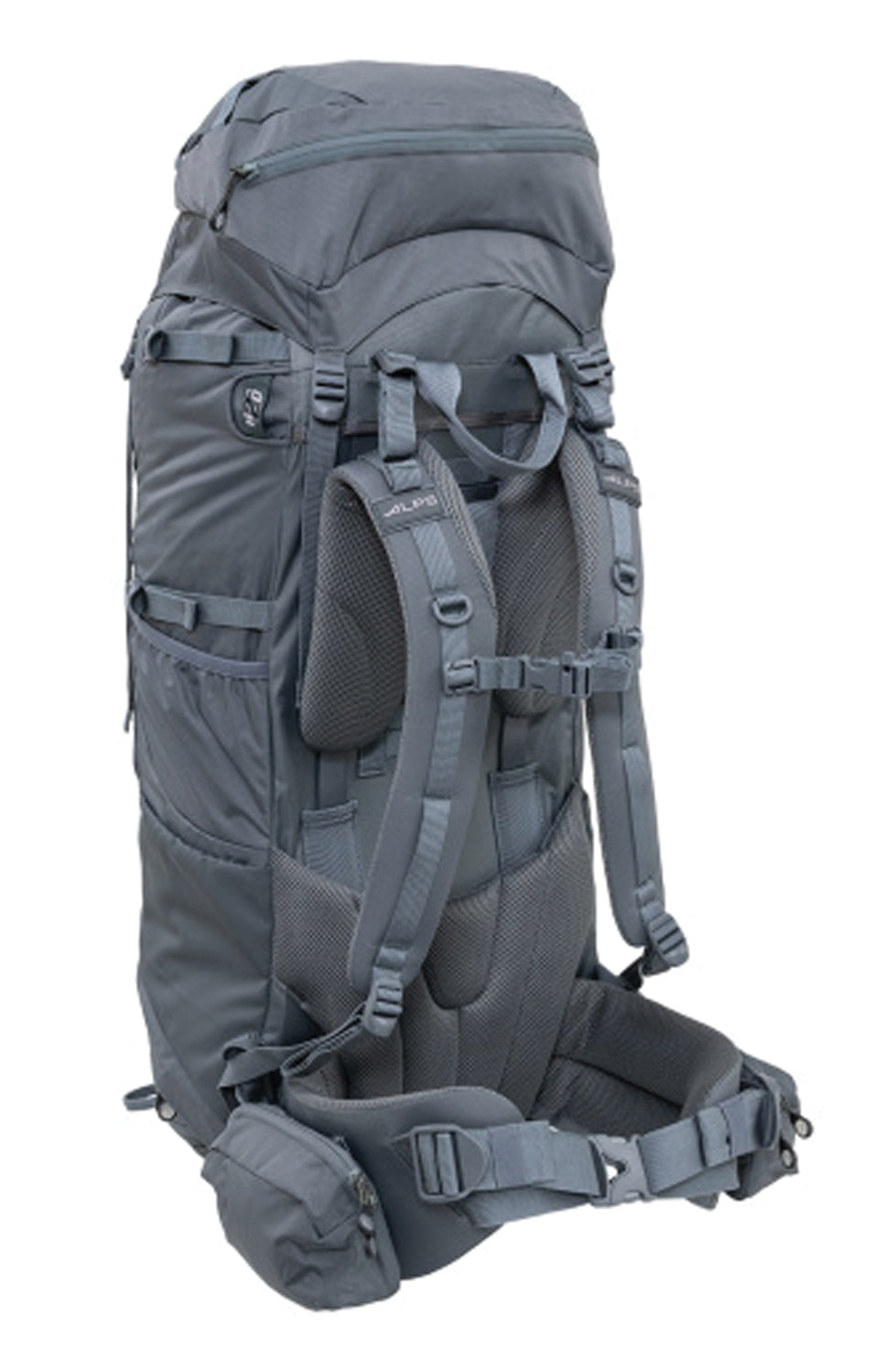 Gray Caldera 75 backpack by Backcountry Sportsman, showing the spacious main compartment and adjustable straps.