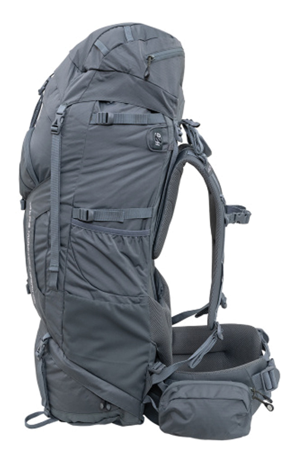 Gray Caldera 75 backpack by Backcountry Sportsman, showing padded shoulder straps and spacious main compartment.
