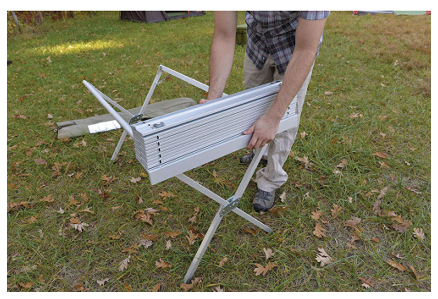 Backcountry Sportsman camping dining table in X L Silver, lightweight and portable for outdoor dining and camping adventures.